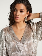 Silver / Pink Long Sleeve Metallic Wrap Mini Dress - Image 5 of 7
