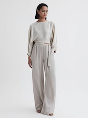 Reiss Neutral Imogen Wide Leg Elasticated Waist Trousers - Image 1 of 4