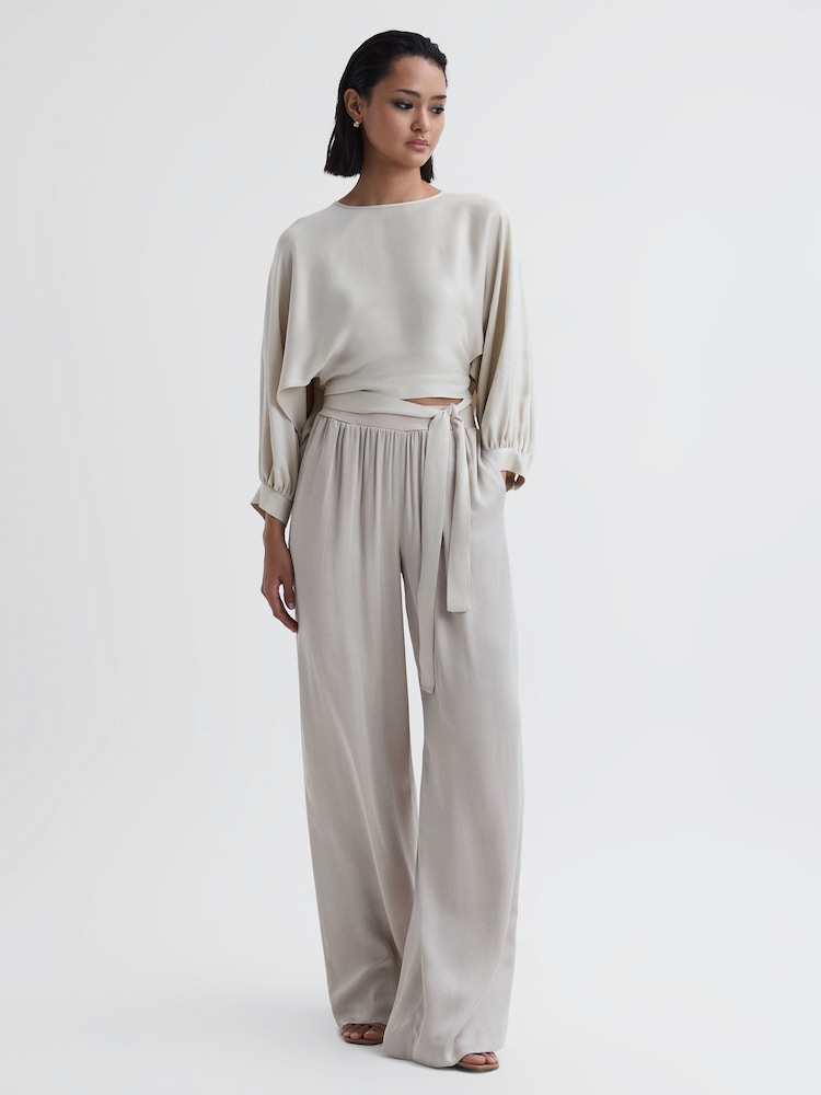 Reiss Neutral Imogen Wide Leg Elasticated Waist Trousers - Image 1 of 4