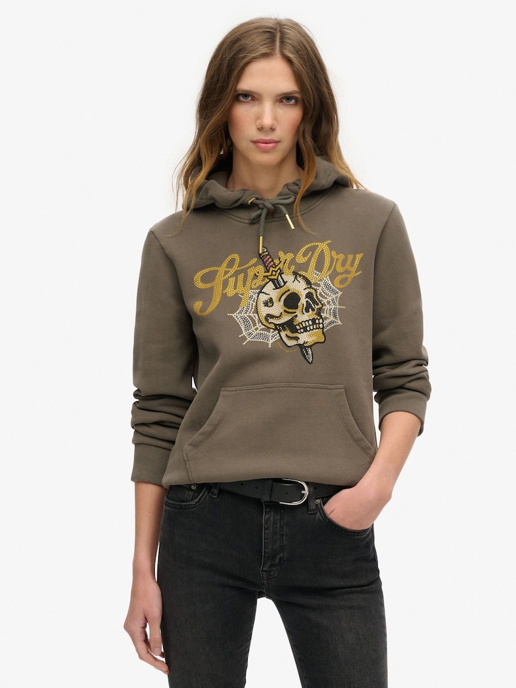 Superdry Dusky Slate Grey Tattoo Script Graphic Hoodie - Image 1 of 1