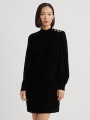 Lauren Ralph Lauren Natural Button Trim Velvet Mockneck Dress - Image 1 of 7