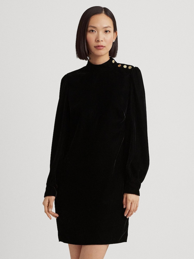 Lauren Ralph Lauren Natural Button Trim Velvet Mockneck Dress - Image 1 of 7