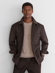 Reiss Brown Check Liam Wool-Blend Twin-Pocket Overshirt - Image 1 of 7