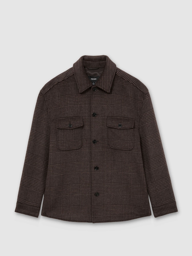Reiss Brown Check Liam Wool-Blend Twin-Pocket Overshirt - Image 2 of 7 Reiss Brown Check Liam Wool-Blend Twin-Pocket Overshirt - Image 2 of 7