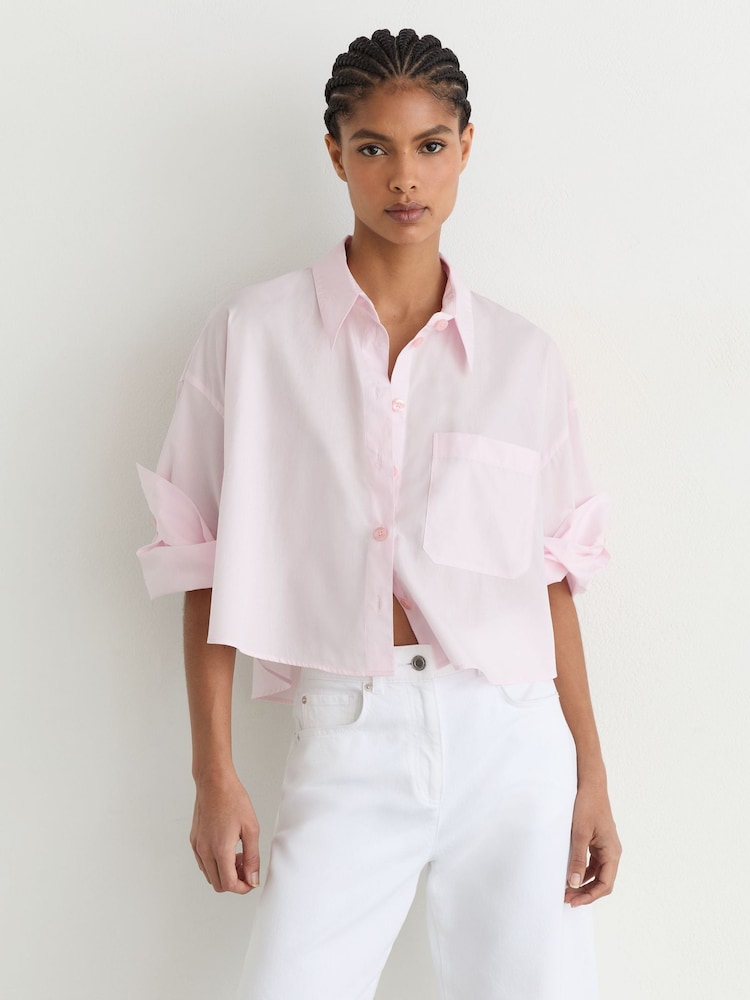 Reiss Pink Solenge Cotton Cropped Long-Sleeve Shirt - Image 1 of 6 Reiss Pink Solenge Cotton Cropped Long-Sleeve Shirt - Image 1 of 6