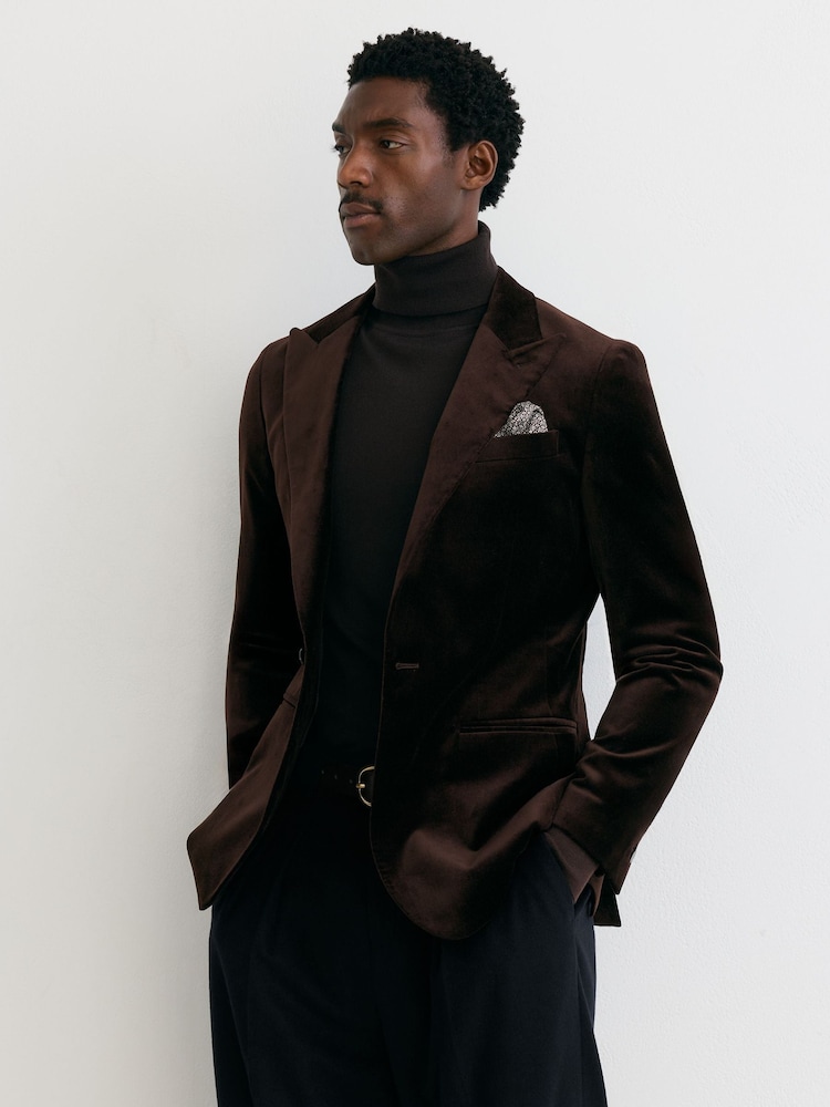 Reiss Brown Apsara Tailored Fit Velvet Single-Breasted Blazer - Image 1 of 8 Reiss Brown Apsara Tailored Fit Velvet Single-Breasted Blazer - Image 1 of 8