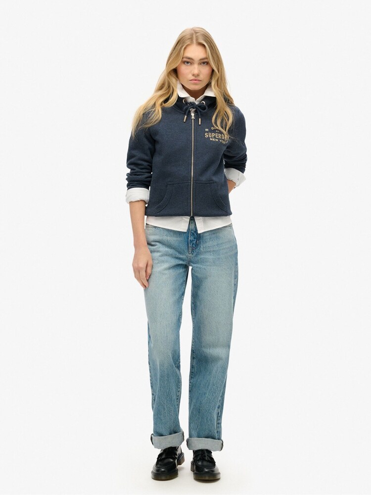 Superdry Trench Navy Marl Luxe Metallic Logo Zip Hoodie - Image 2 of 5
