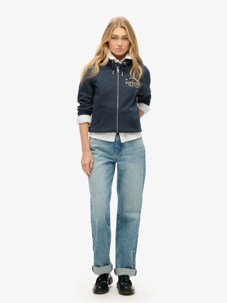 Superdry Trench Navy Marl Luxe Metallic Logo Zip Hoodie - Image 2 of 5 Superdry Trench Navy Marl Luxe Metallic Logo Zip Hoodie - Image 2 of 5