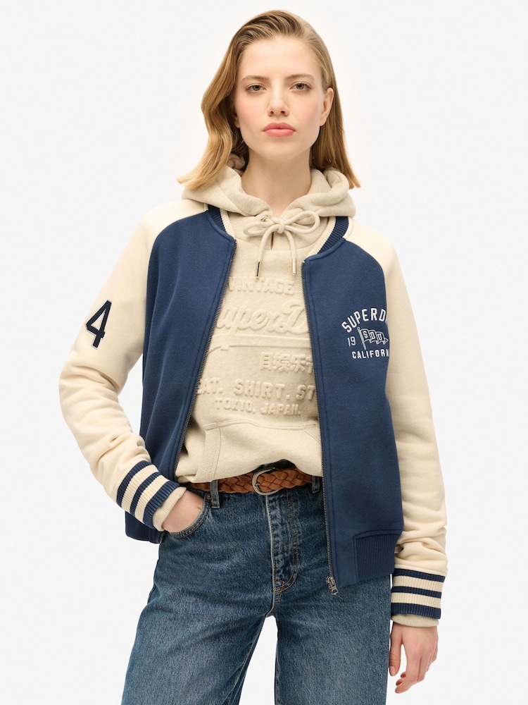 Superdry Atlantic Navy College Script Graphic Bomber Hoodie - Image 1 of 7