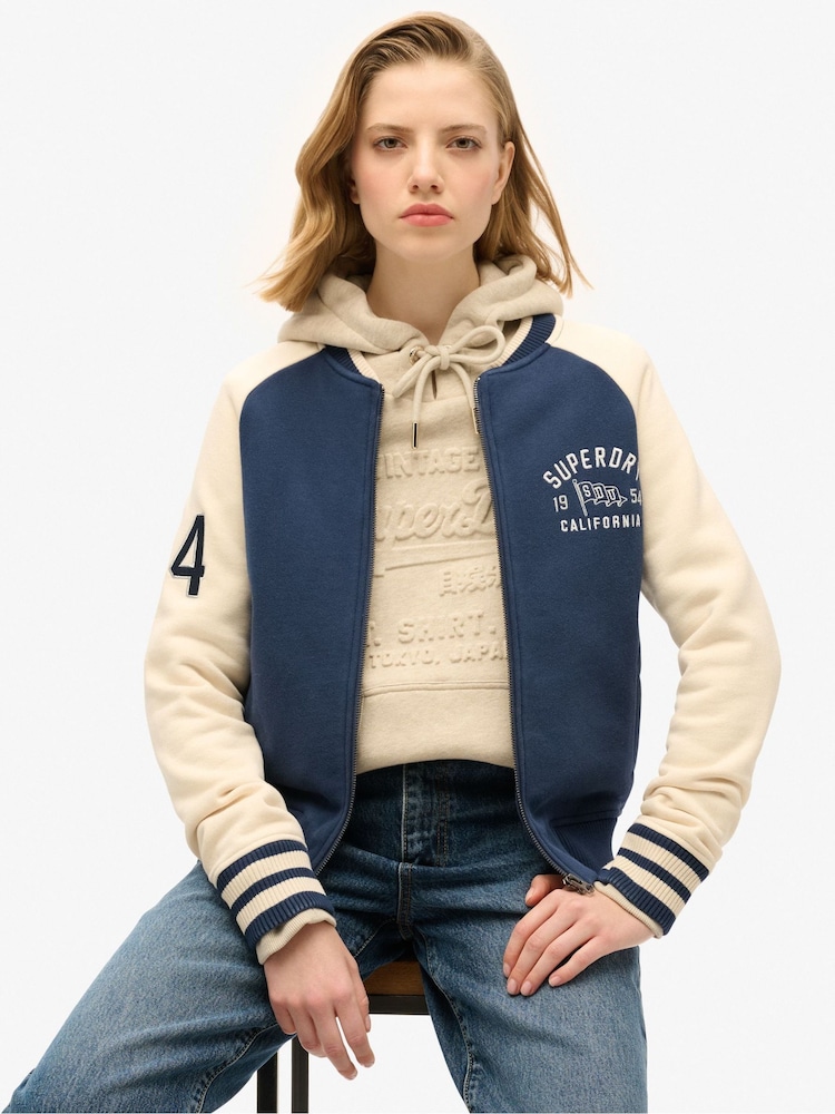 Superdry Atlantic Navy College Script Graphic Bomber Hoodie - Image 4 of 7