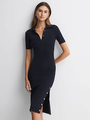 Reiss Navy Remi Knitted Bodycon Polo Midi Dress - Image 1 of 5