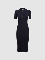 Reiss Navy Remi Knitted Bodycon Polo Midi Dress - Image 2 of 5