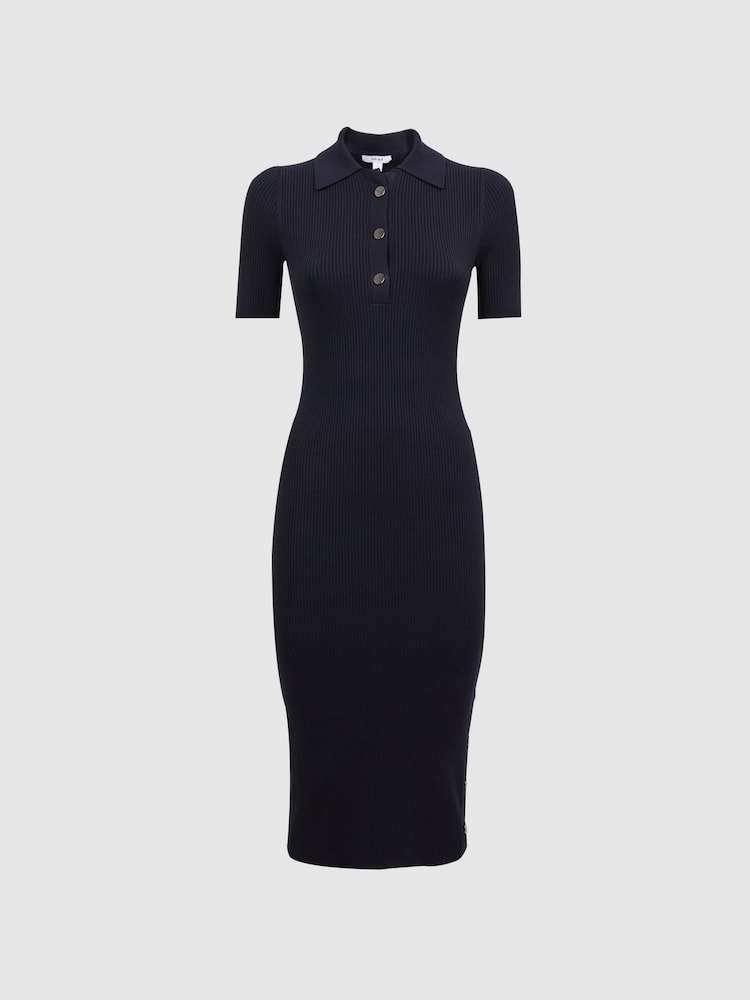 Reiss Navy Remi Knitted Bodycon Polo Midi Dress - Image 2 of 5