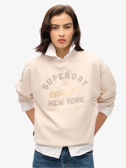 Superdry Cream Oil Blue Green Luxe Metallic Logo Loose Sweatshirt - Image 1 of 5