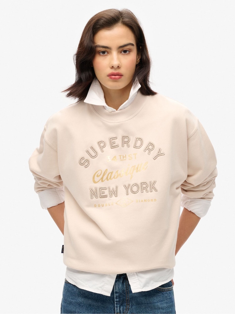 Superdry Cream Oil Blue Green Luxe Metallic Logo Loose Sweatshirt - Image 1 of 5