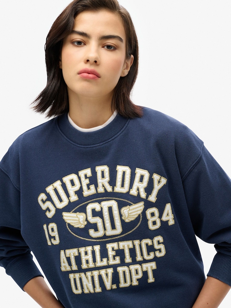 Superdry Deep Indigo Navy Marl College Script Loose Sweat top - Image 1 of 5