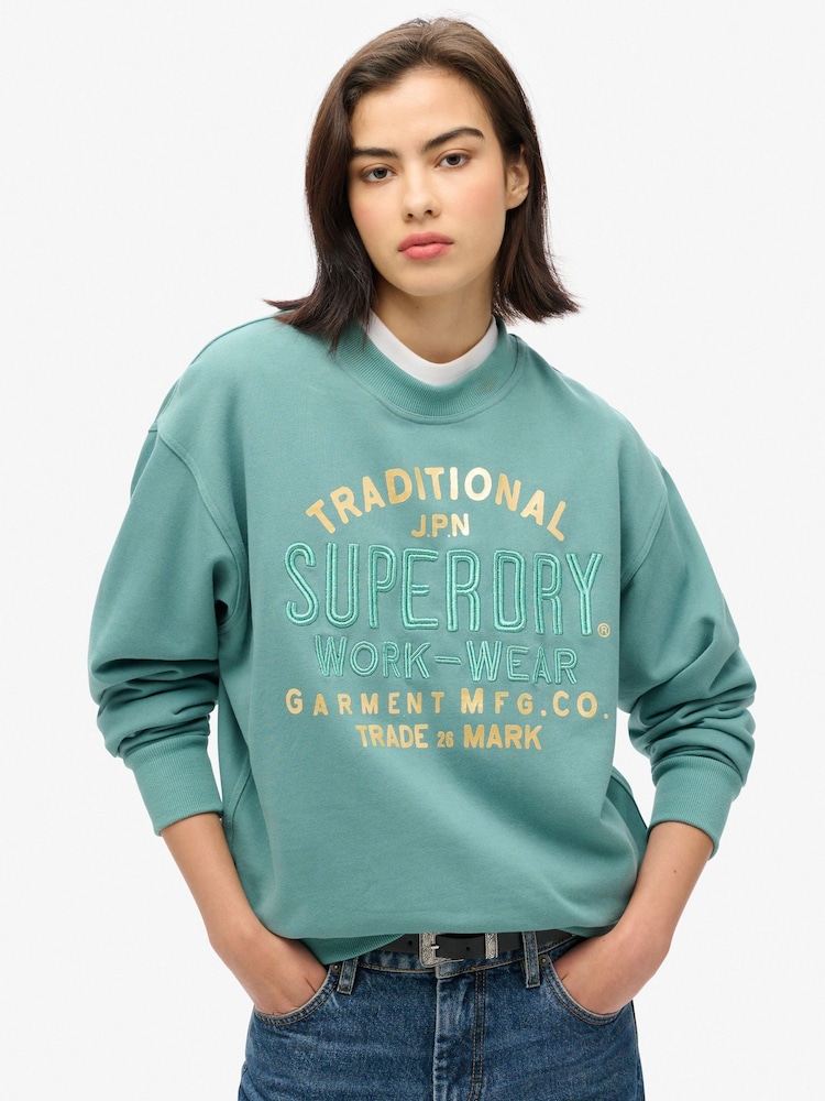 Superdry Oil Blue Green Oil Blue Green Luxe Metallic Logo Loose Sweatshirt - Image 1 of 4