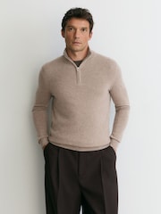 Reiss Taupe Melange Royal 100% Cashmere Half-Zip Jumper - Image 1 of 6