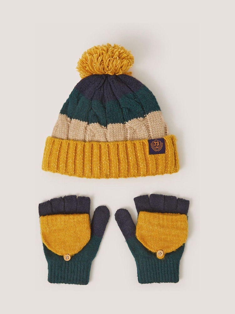 Monsoon Yellow Colourblock Beanie Hat & Gloves Set - Image 1 of 2 Monsoon Yellow Colourblock Beanie Hat & Gloves Set - Image 1 of 2