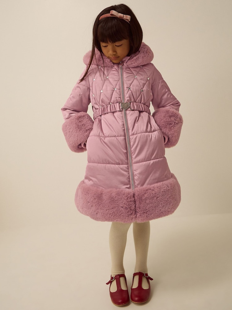 Monsoon Pink Jewel Heart Quilted Puffer Coat - Image 1 of 4 Monsoon Pink Jewel Heart Quilted Puffer Coat - Image 1 of 4