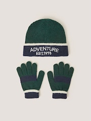 Monsoon Green Colourblock Beanie Hat & Gloves Set - Image 1 of 3