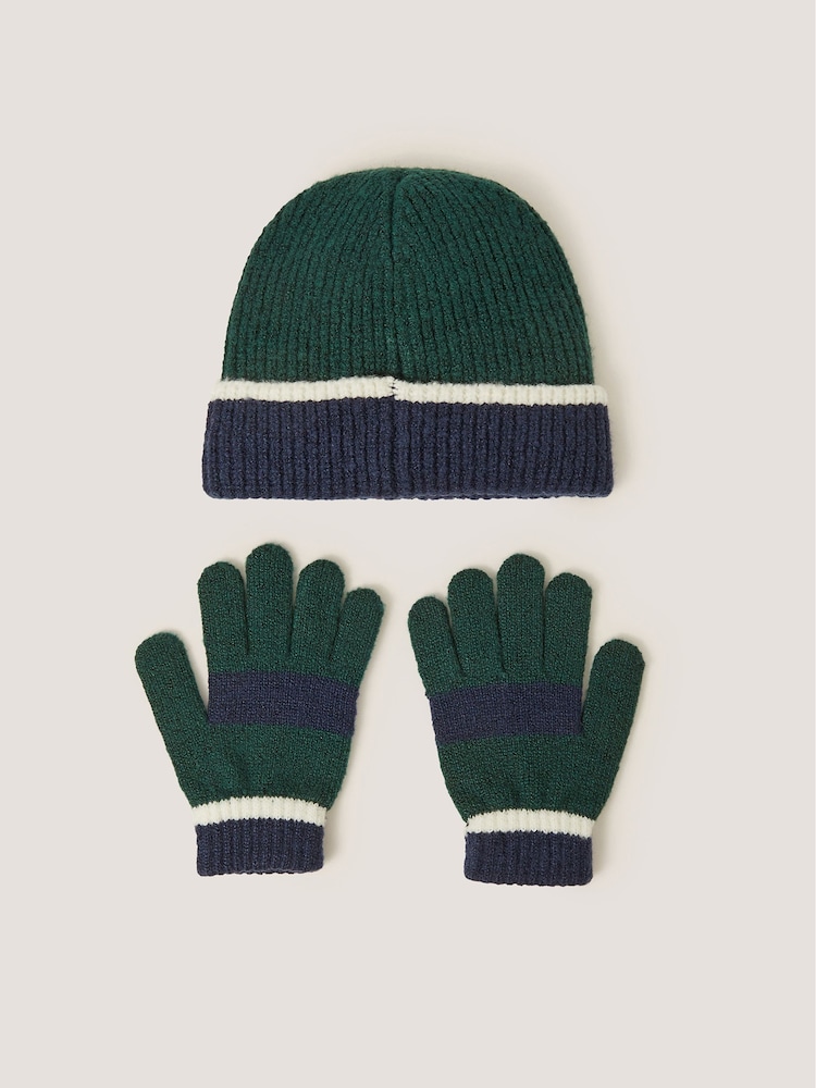 Monsoon Green Colourblock Beanie Hat & Gloves Set - Image 2 of 3 Monsoon Green Colourblock Beanie Hat & Gloves Set - Image 2 of 3