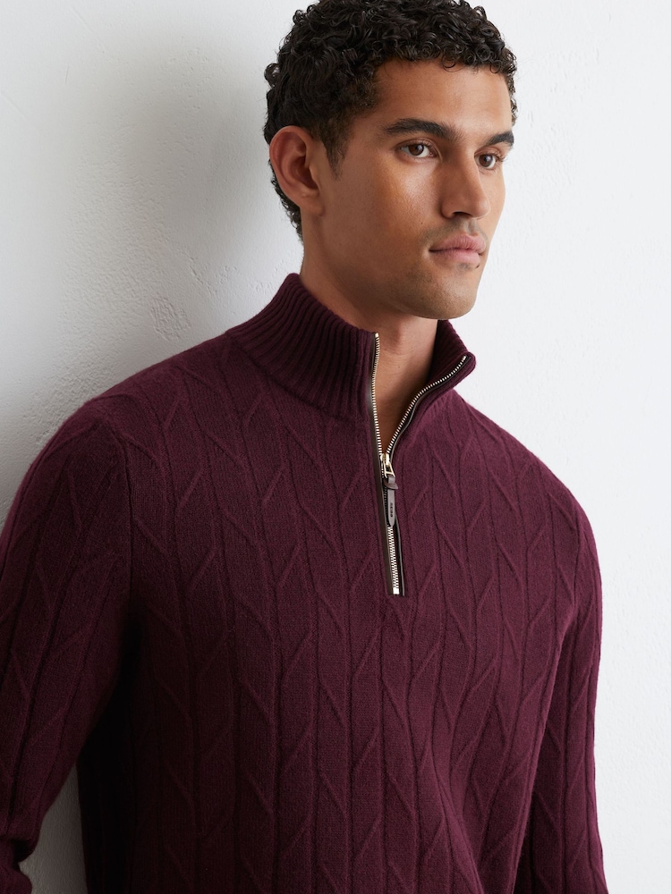 Reiss Bordeaux Douglas Wool Stitch-Detail Half-Zip Jumper - Image 1 of 7 Reiss Bordeaux Douglas Wool Stitch-Detail Half-Zip Jumper - Image 1 of 7