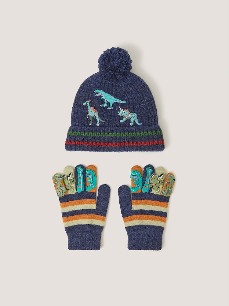 Monsoon Blue Dinosaur Hat & Gloves Set - Image 1 of 3 Monsoon Blue Dinosaur Hat & Gloves Set - Image 1 of 3