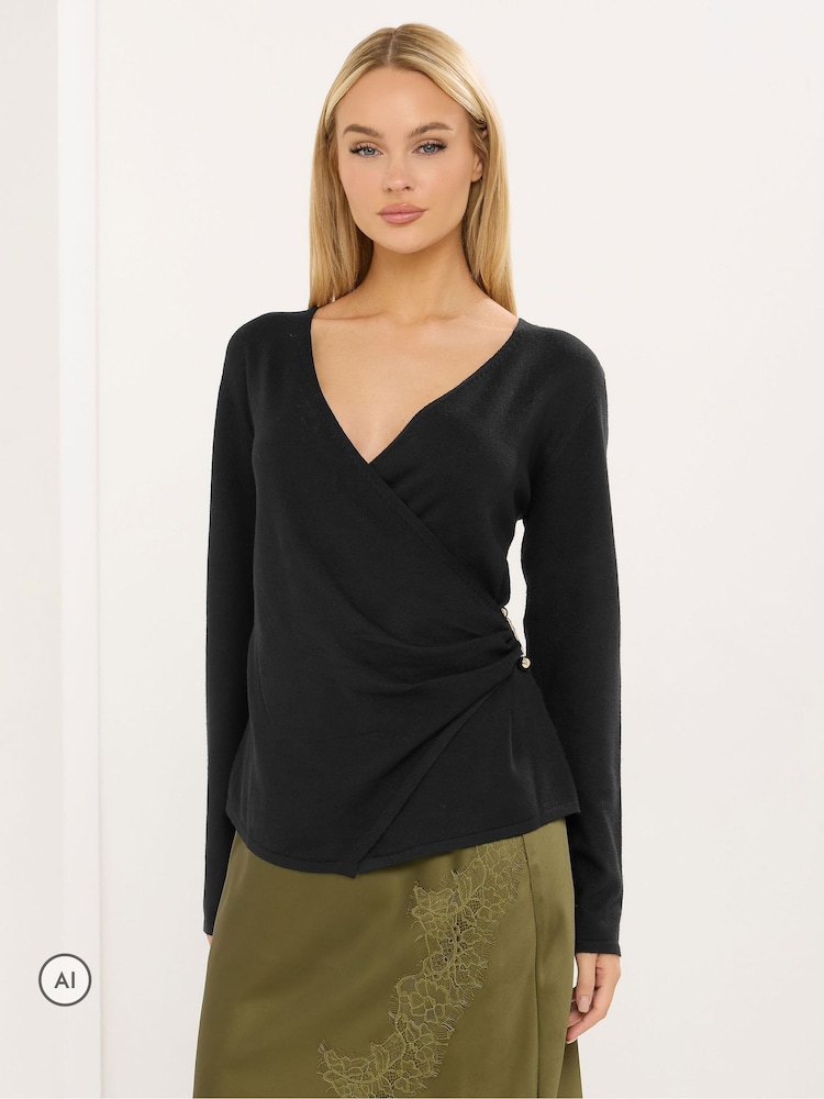 Star by Julien MacDonald Black Wrap Jumper With Metal Trim - Image 1 of 6 Star by Julien MacDonald Black Wrap Jumper With Metal Trim - Image 1 of 6