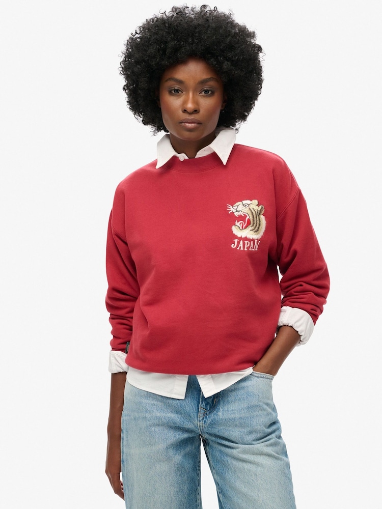 Superdry Red Dahlia Cream Suika Embroidered Loose Sweatshirt - Image 1 of 5