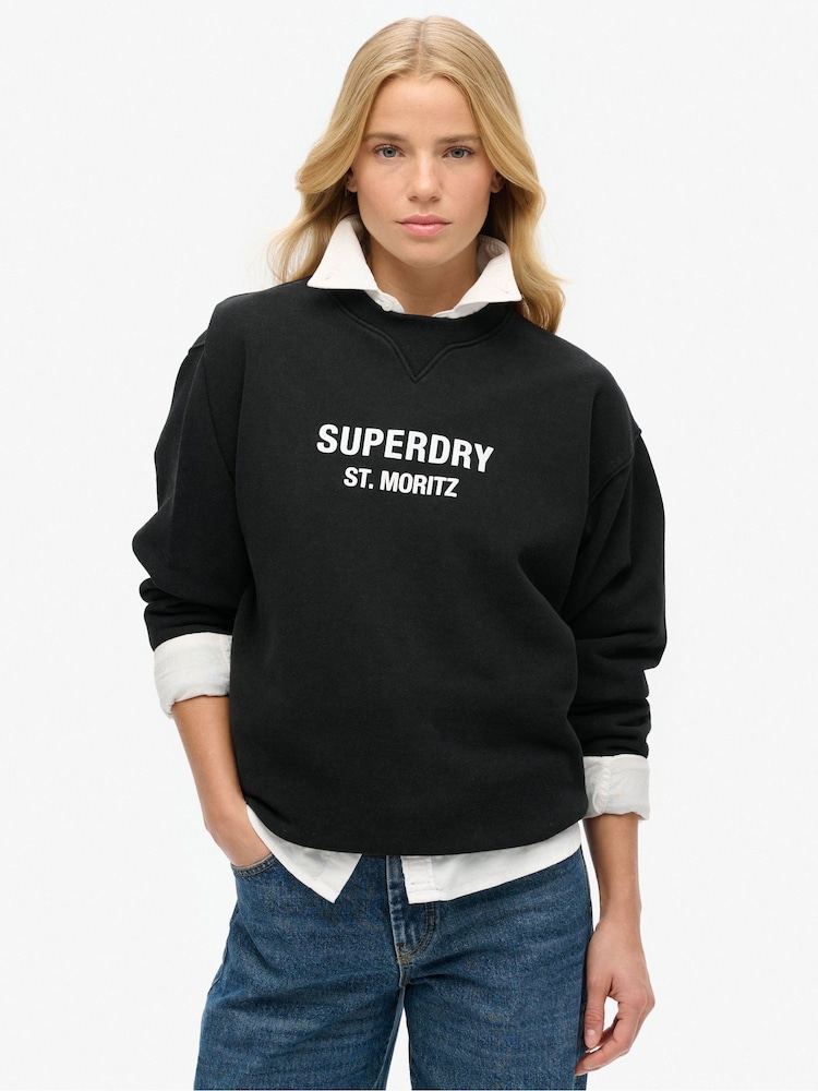 Black - Superdry Cadet Grey Marl Sport Luxe Loose Crew Sweatshirt - Image 1 of 4