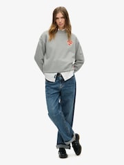 Superdry Grey Marl Off White 100% Cotton Workwear Embroider Loose Crew Sweatshirt - Image 3 of 6