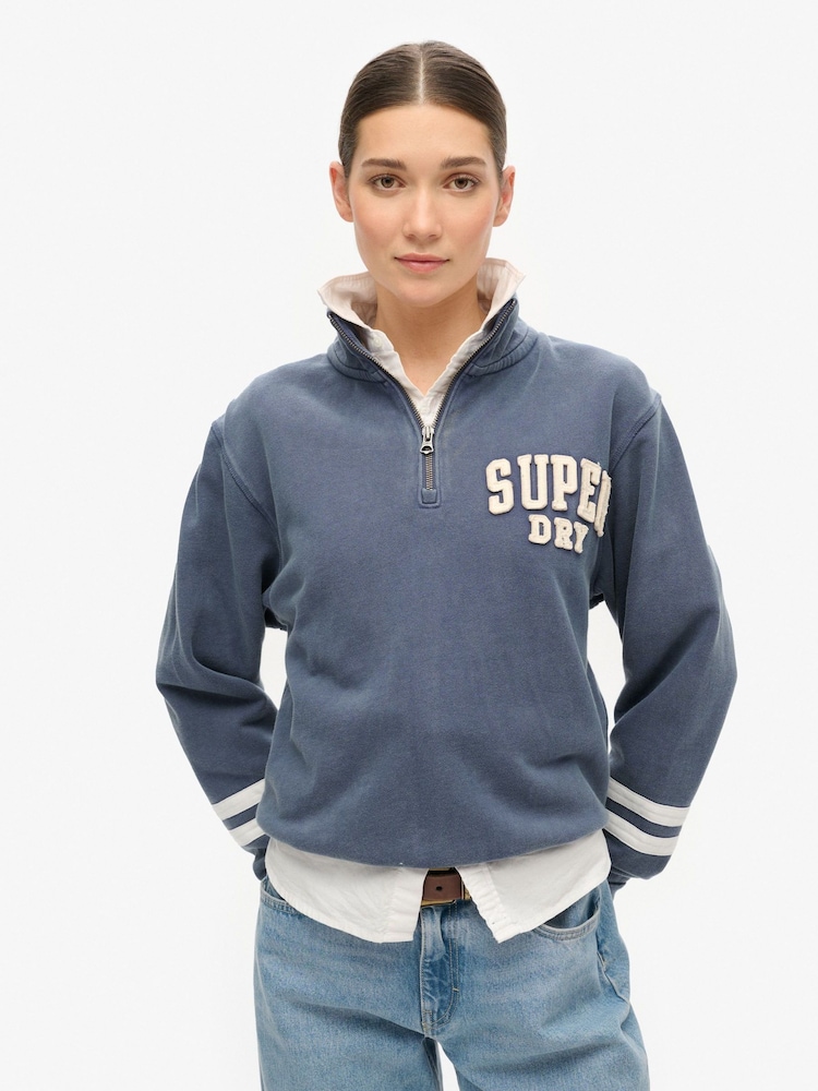 Superdry Mariner Navy Athletic Applique Half Zip 100% Cotton Sweatshirt - Image 1 of 4 Superdry Mariner Navy Athletic Applique Half Zip 100% Cotton Sweatshirt - Image 1 of 4