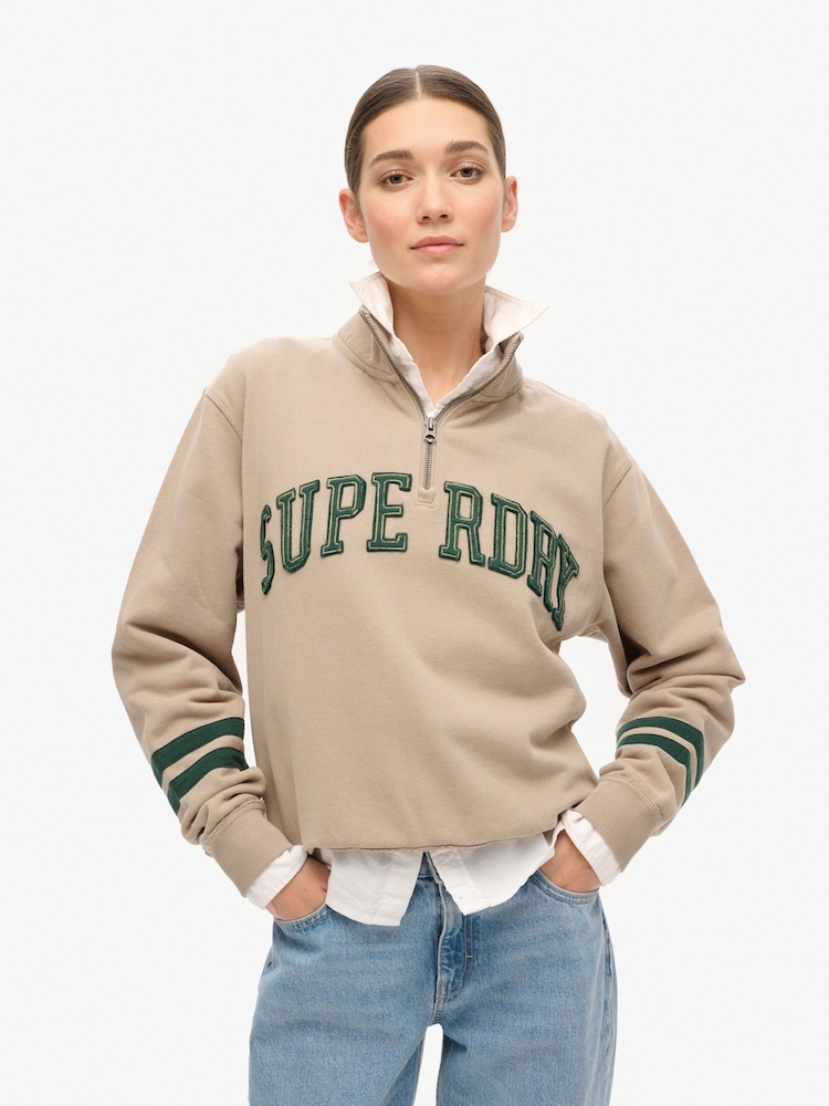Superdry Cobblestone Grey Athletic Applique Half Zip 100% Cotton Sweatshirt - Image 1 of 5
