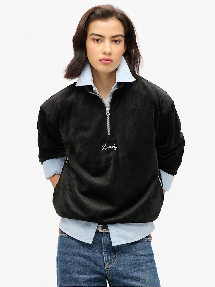 Superdry Black Rock Dark Grey Country Club Velour Half Zip Sweatshirt - Image 1 of 5