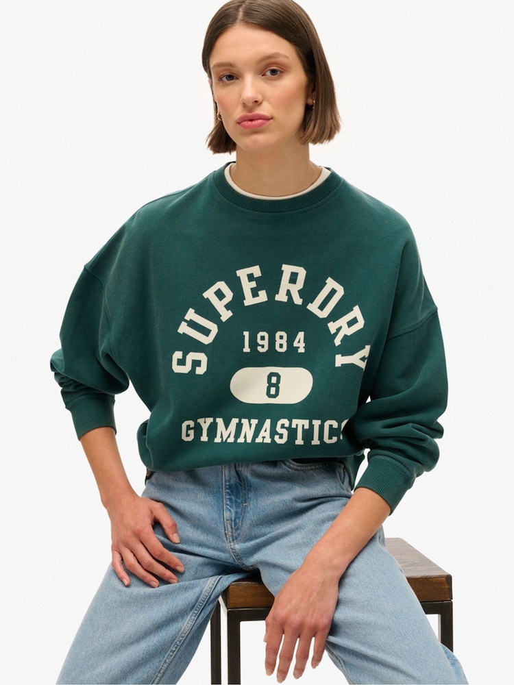 Superdry Dark Pine Green Dark Pine Green Athletic Oversize Printed Crew Sweatshirt - Image 1 of 5