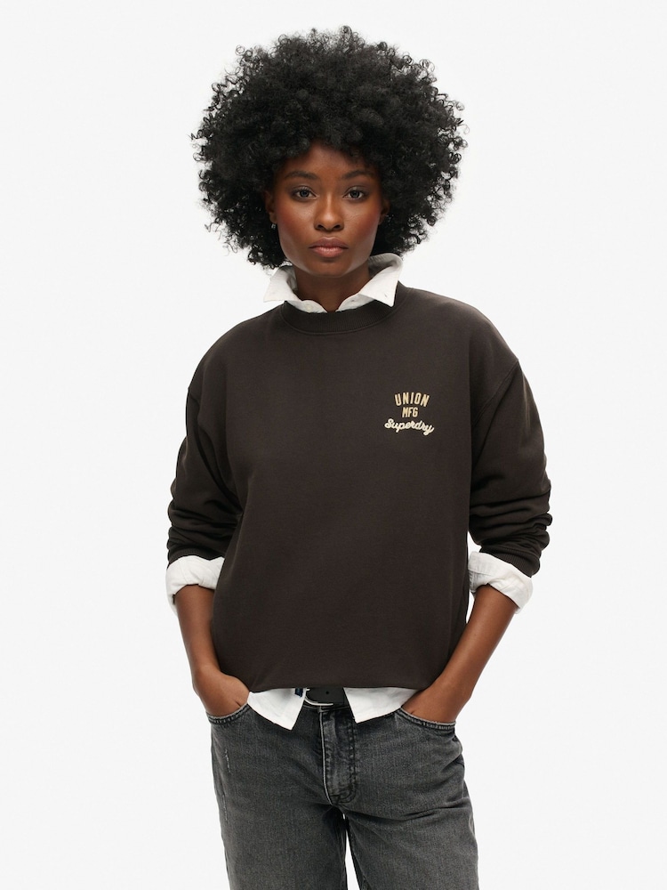 Superdry Bison Black Off White 100% Cotton Workwear Graphic Loose Crew Sweatshirt - Image 1 of 6