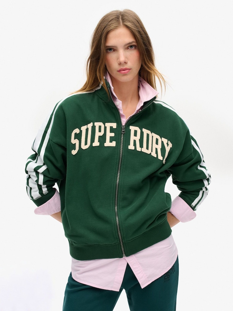 Superdry Enamel Green 100% Cotton Athletic Applique Loose Zip Track Jacket - Image 1 of 5