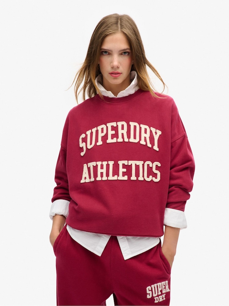 Superdry Bordeaux Red Oversize Athletic 100% Cotton Appliqu Crew Hoodie - Image 1 of 3