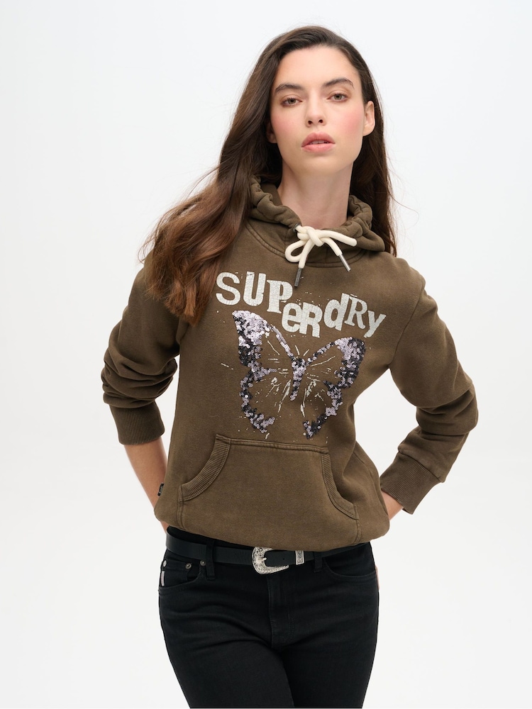 Superdry Deep Khaki Green Embellished Punk Graphic Hood - Image 1 of 3