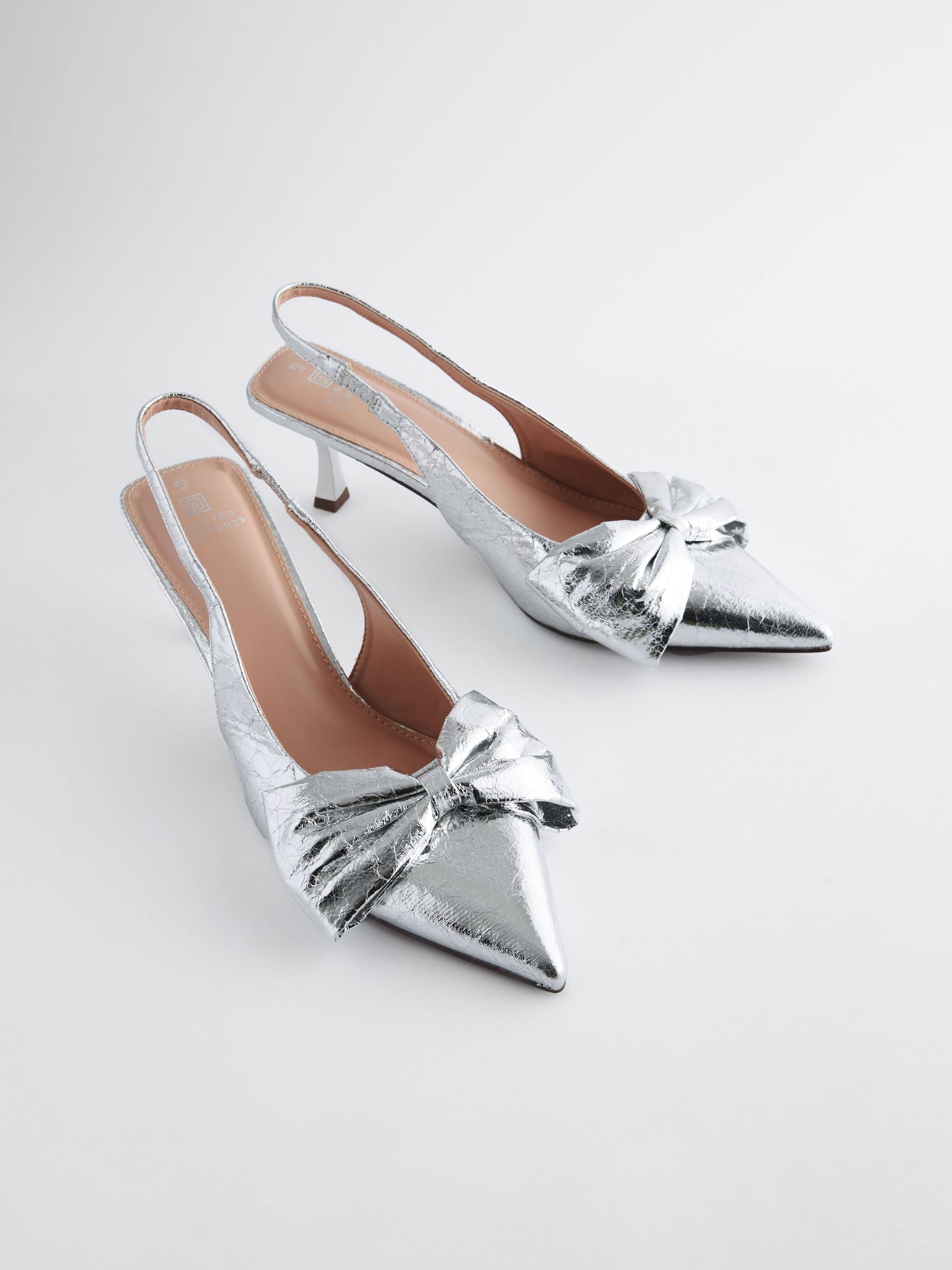 Silver Standard Wide Fit Forever Comfort Bow Slingback Kitten Heels