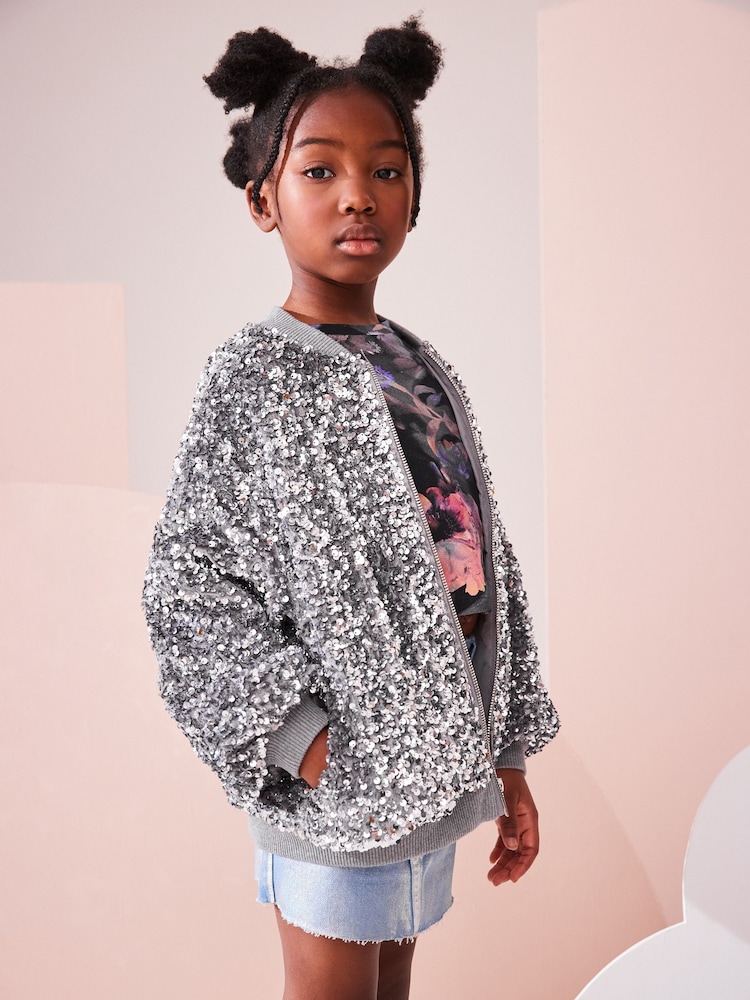 Silver Sequin Bomber Jacket (3-16yrs) - Image 3 of 4