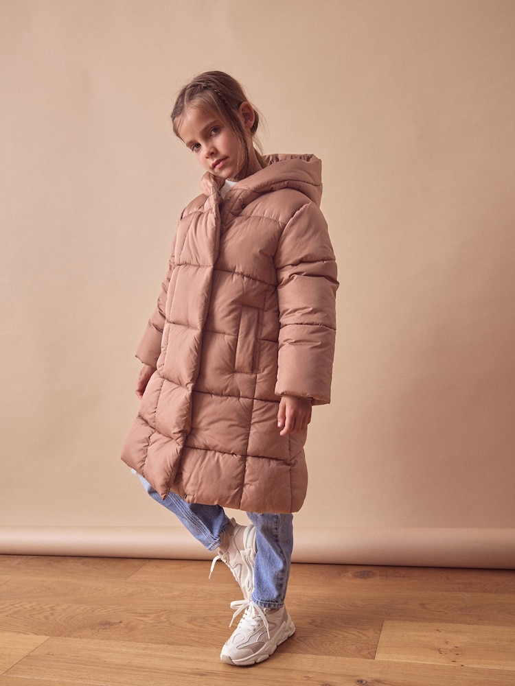 Dusky Pink Longer Length Shower Resistant Fur Lined Hooded Padded Coat (3-16yrs) - Image 1 of 9