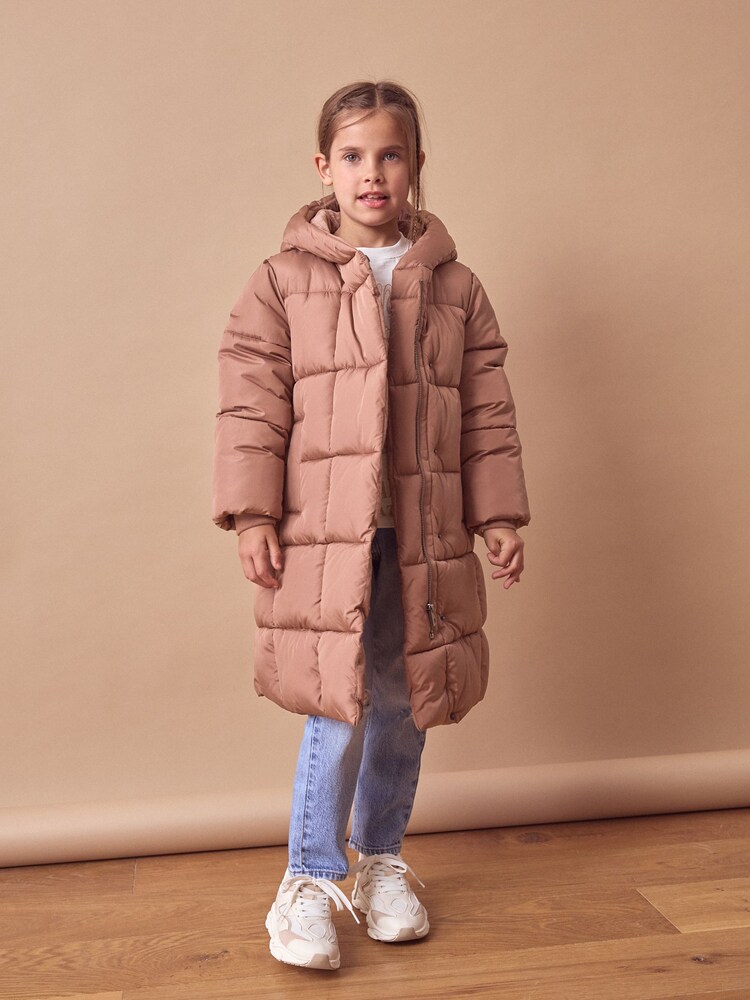 Dusky Pink Longer Length Shower Resistant Fur Lined Hooded Padded Coat (3-16yrs) - Image 2 of 9