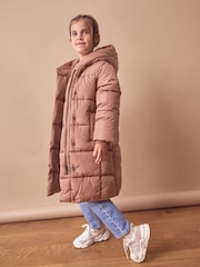 Dusky Pink Longer Length Shower Resistant Fur Lined Hooded Padded Coat (3-16yrs) - Image 4 of 9