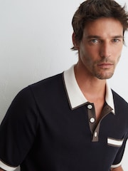 Reiss Navy Reid Merino Wool Contrast-Trim Polo Shirt - Image 1 of 7
