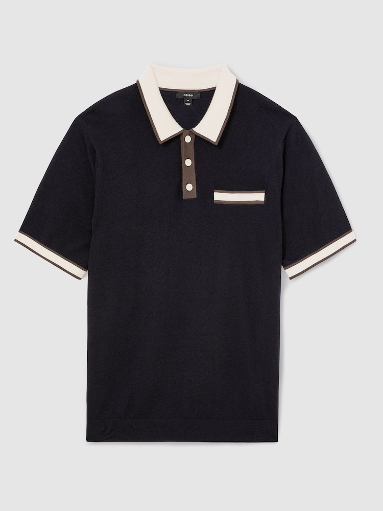 Reiss Navy Reid Merino Wool Contrast-Trim Polo Shirt - Image 2 of 7 Reiss Navy Reid Merino Wool Contrast-Trim Polo Shirt - Image 2 of 7