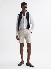 Reiss Oatmeal Craft Slim Fit Cotton-Linen Check Adjustable Shorts - Image 1 of 5