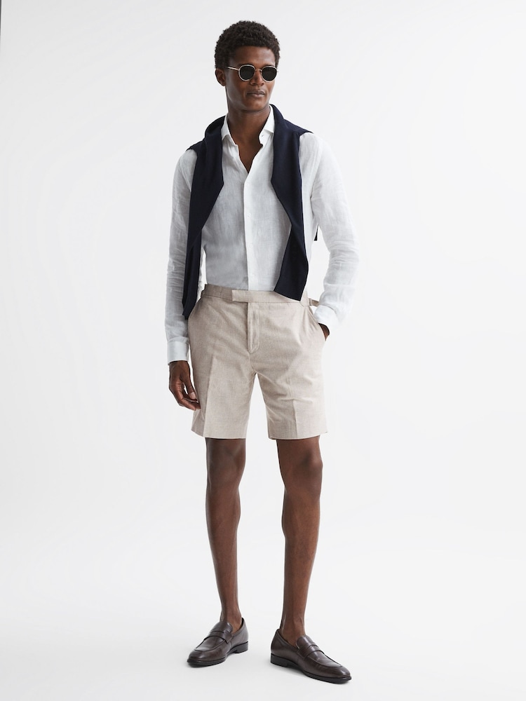 Reiss Oatmeal Craft Slim Fit Cotton-Linen Check Adjustable Shorts - Image 1 of 5