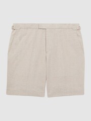 Reiss Oatmeal Craft Slim Fit Cotton-Linen Check Adjustable Shorts - Image 2 of 5